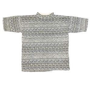 Vintage Escape Wear Mens Small Mock Neck T-Shirt Olive Green Tribal Print Cotton